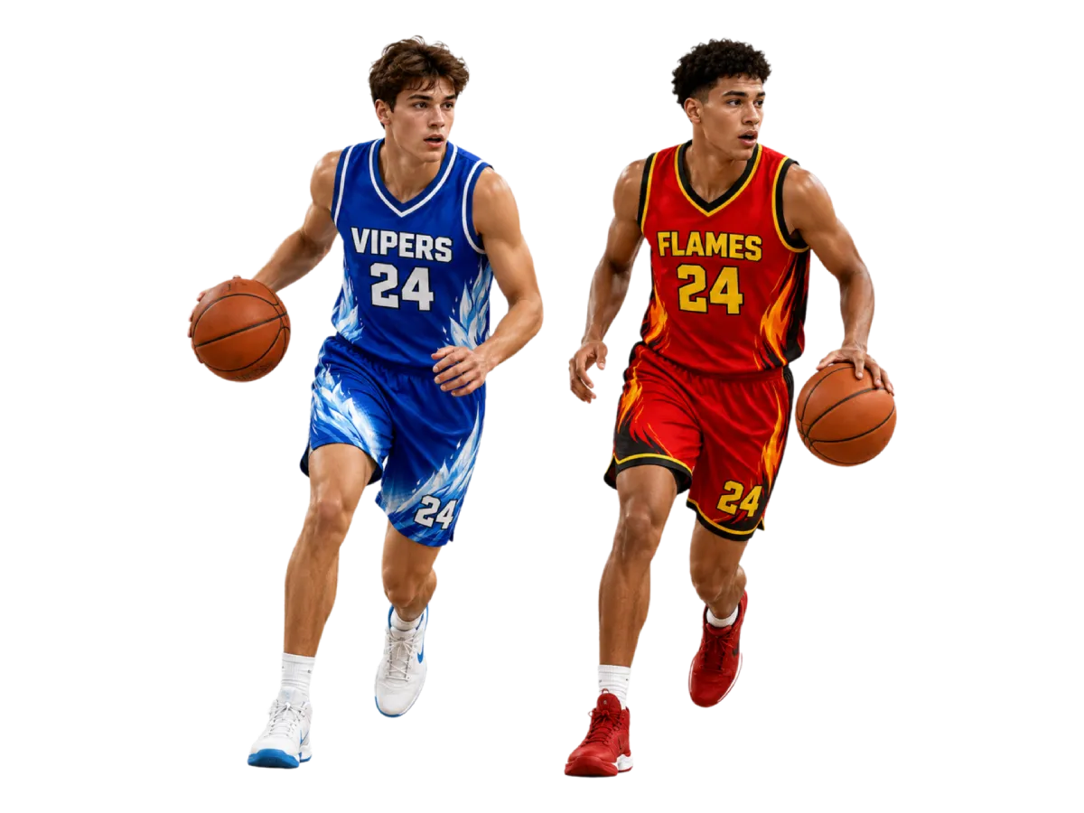 Custom basketball jersey with names, numbers, and team graphics